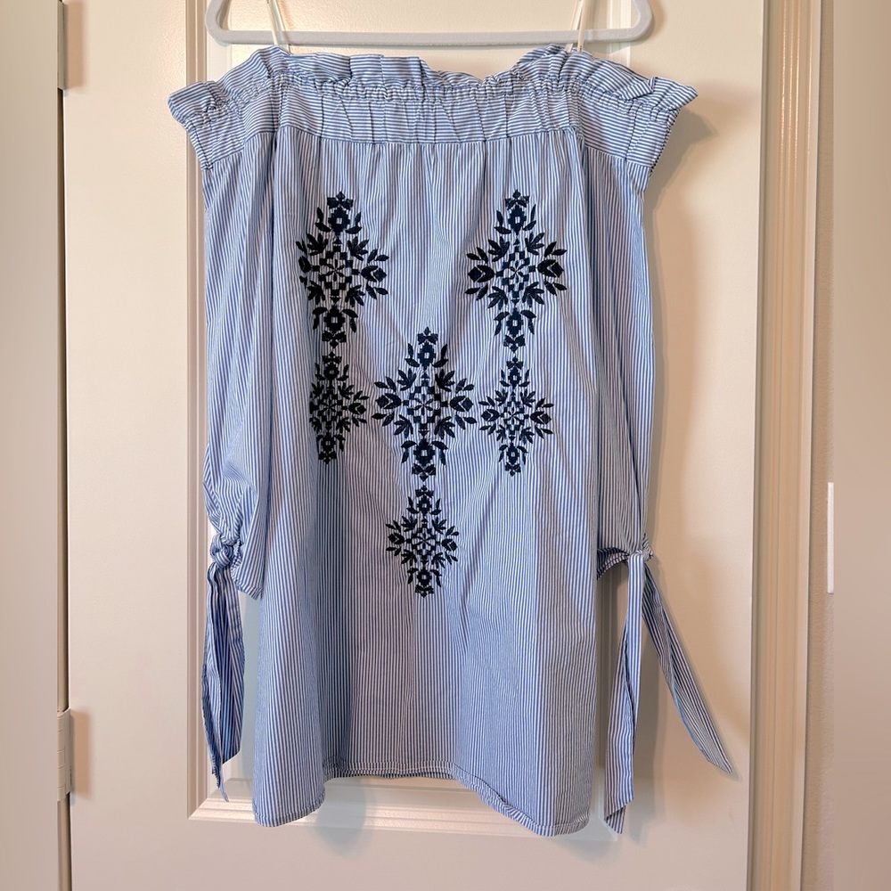 Blu Pepper Striped & Embroidered Off the Shoulder Dress